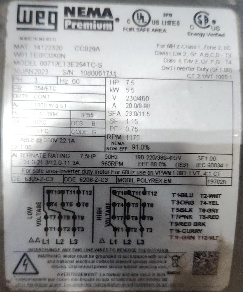 WEG motor, 7.5 HP, 1200 RPM, 230/460V, TEFC, C-Face