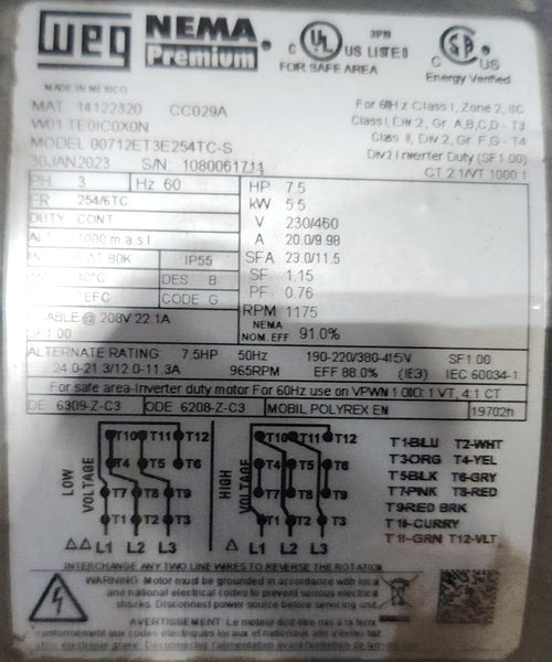 WEG motor, 7.5 HP, 1200 RPM, 230/460V, TEFC, C-Face