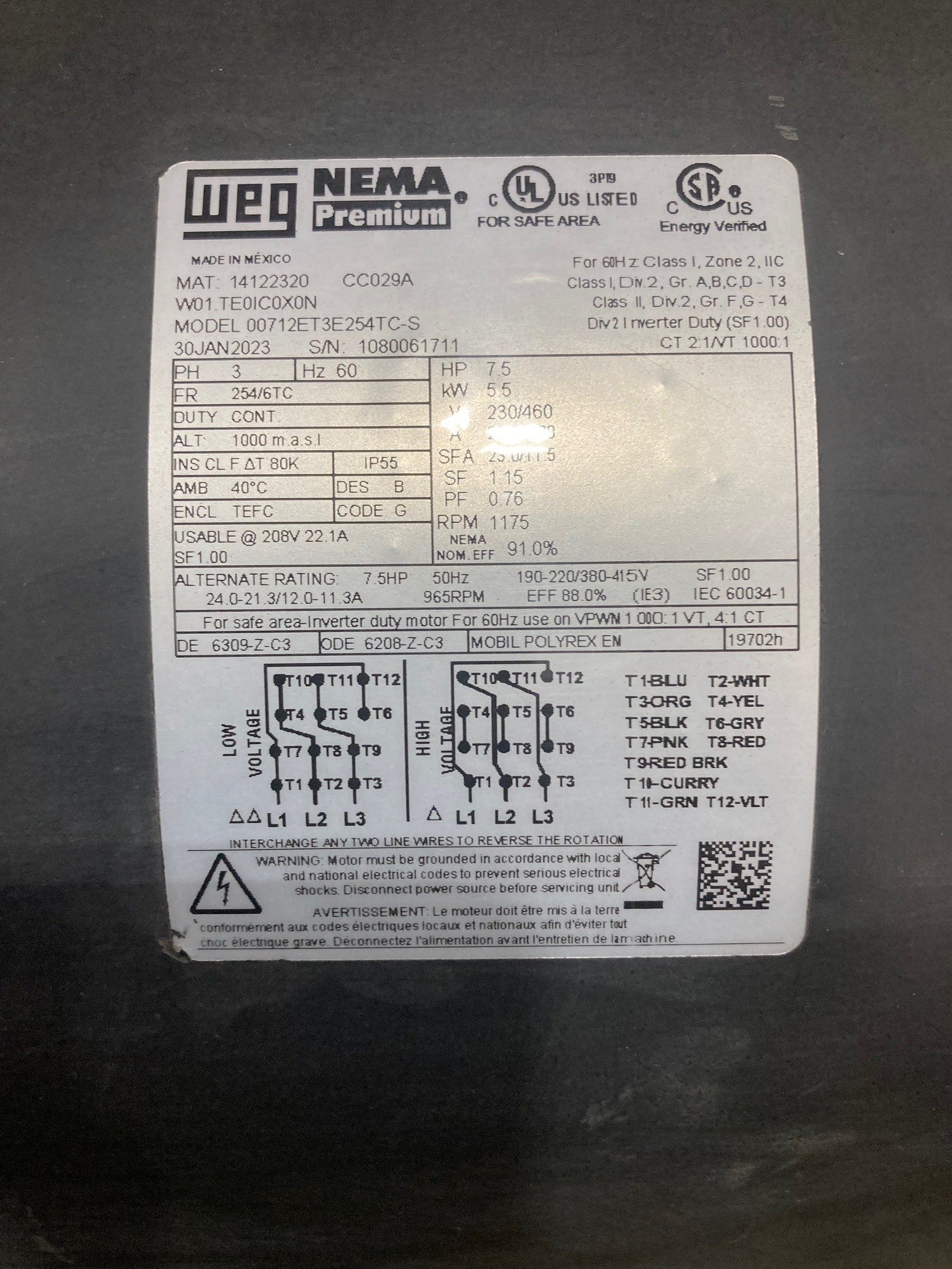 WEG motor, 7.5 HP, 1200 RPM, 230/460V, TEFC, C-Face