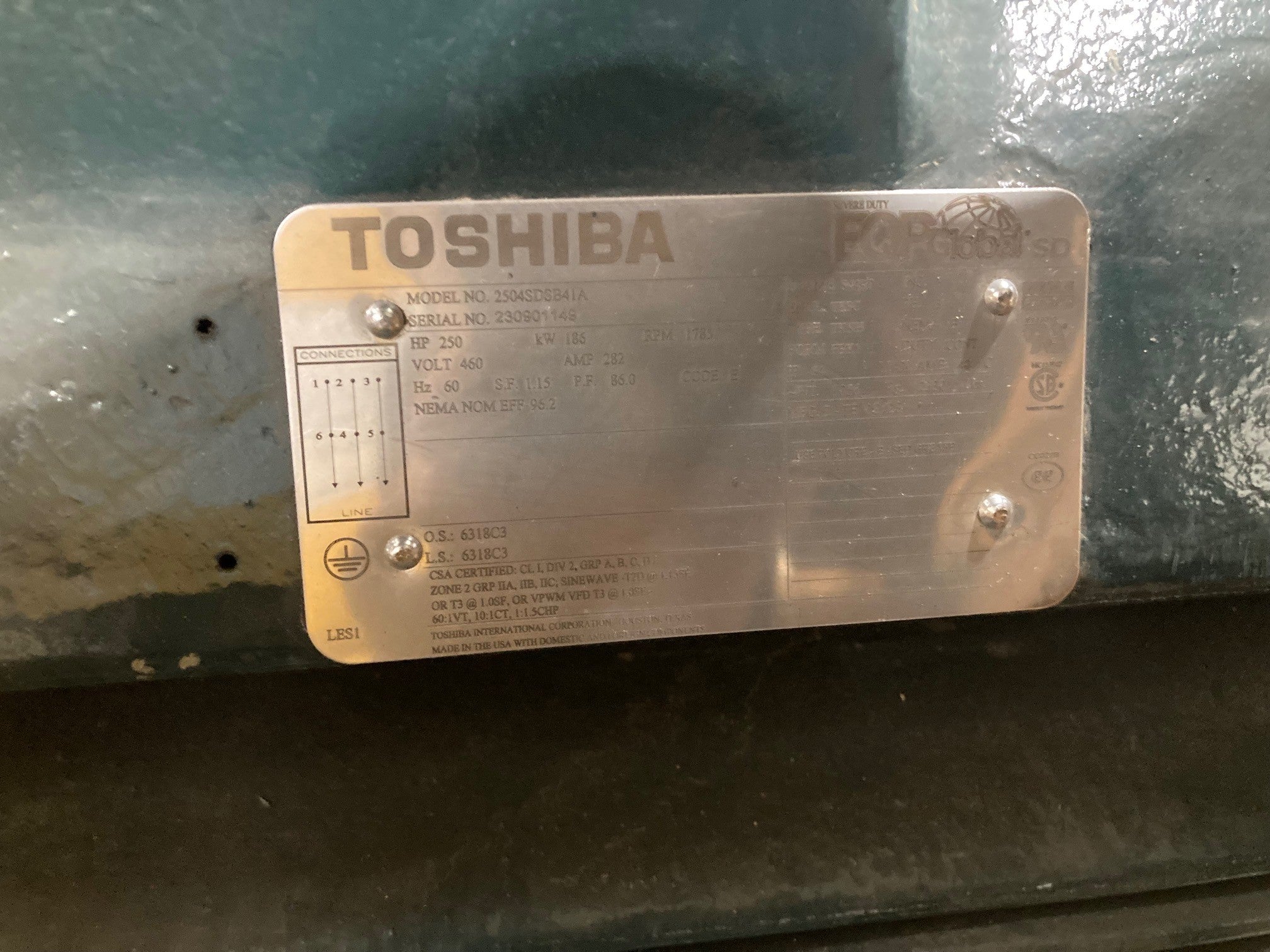 Toshiba Motor, EQP Global SD, 250HP, 186KW, 1800RPM,3PH, 60Hz, 460V, TEFC, S449T