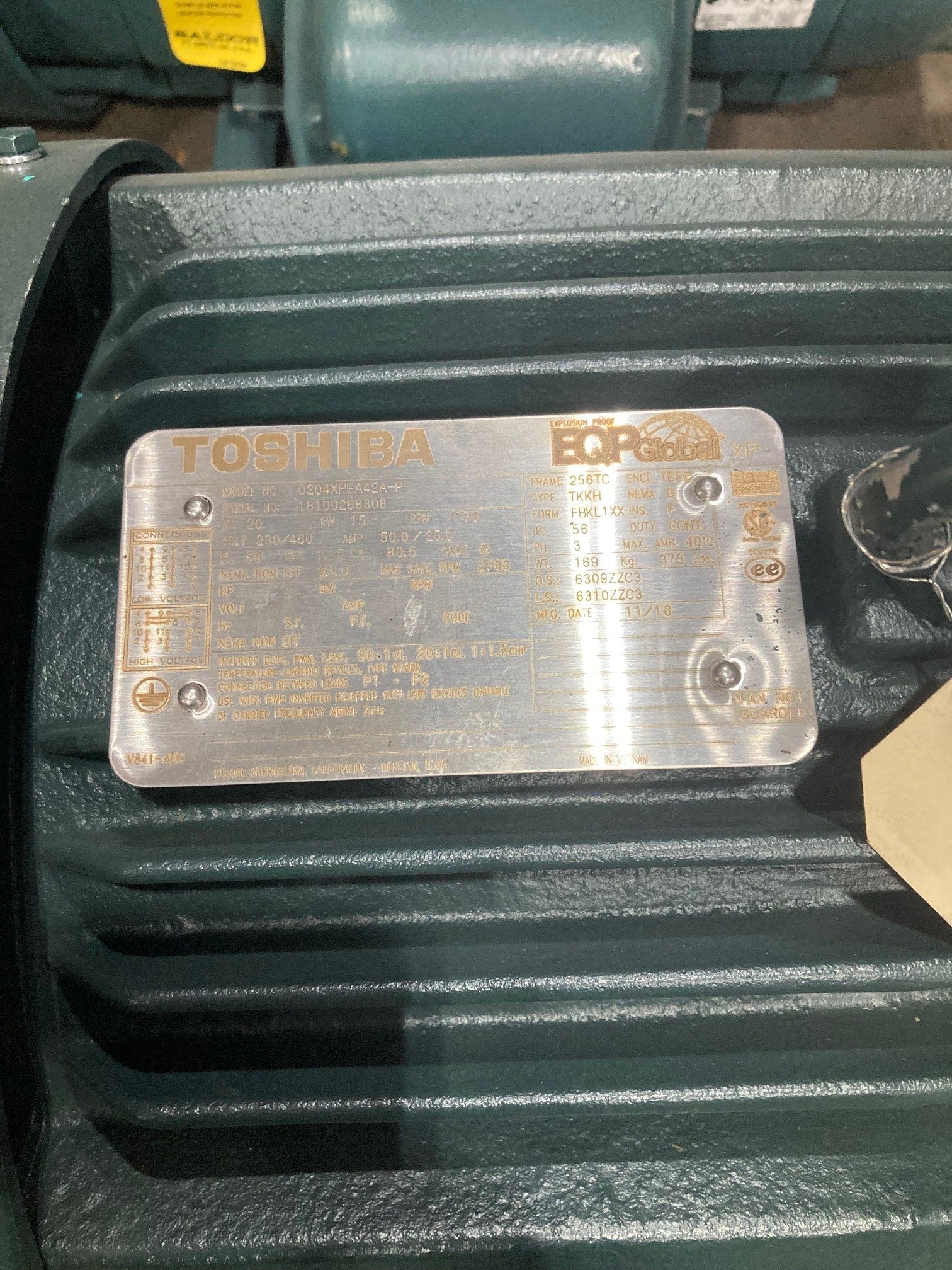 Toshiba Motor, Explosion Proof, 20HP, 1800RPM, 230/460V, TEFC, C-Face