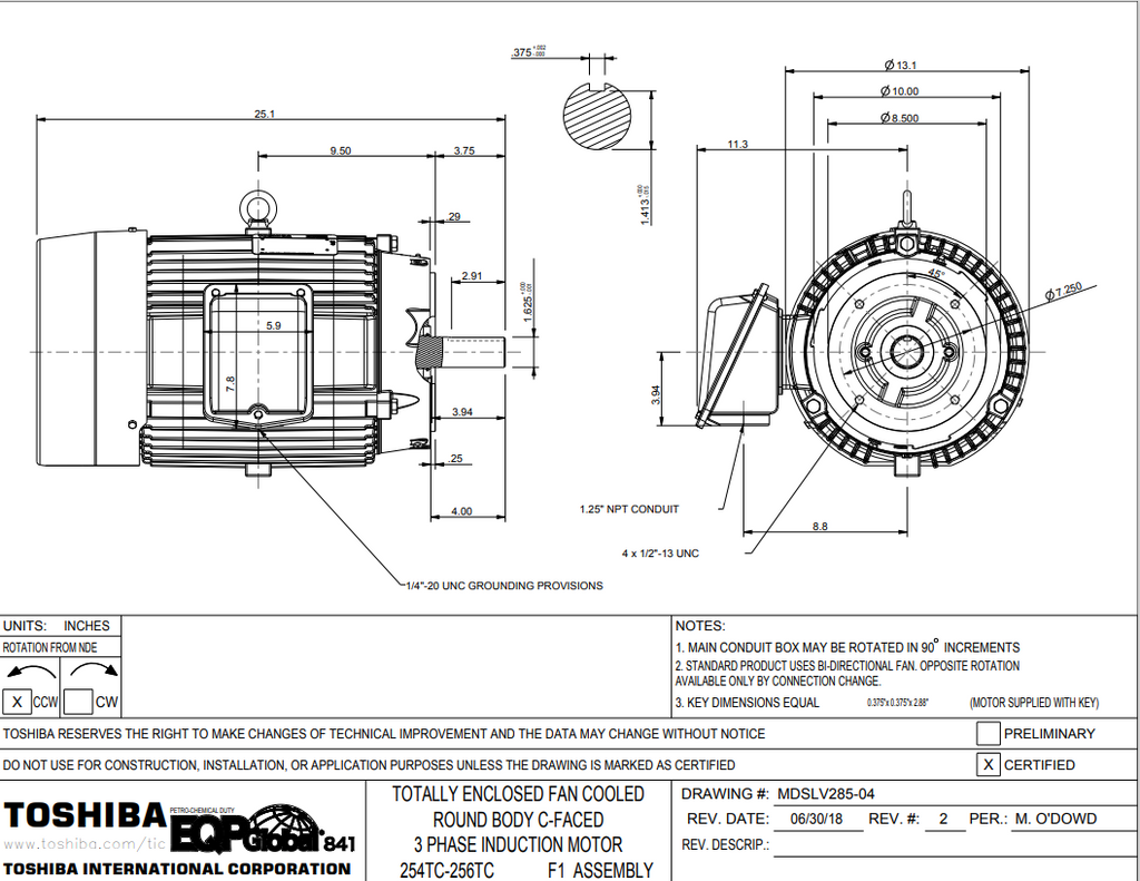Toshiba Motor, EQP Global 841, 20HP, 3600RPM, 460V, TEFC, C-Face, Footless