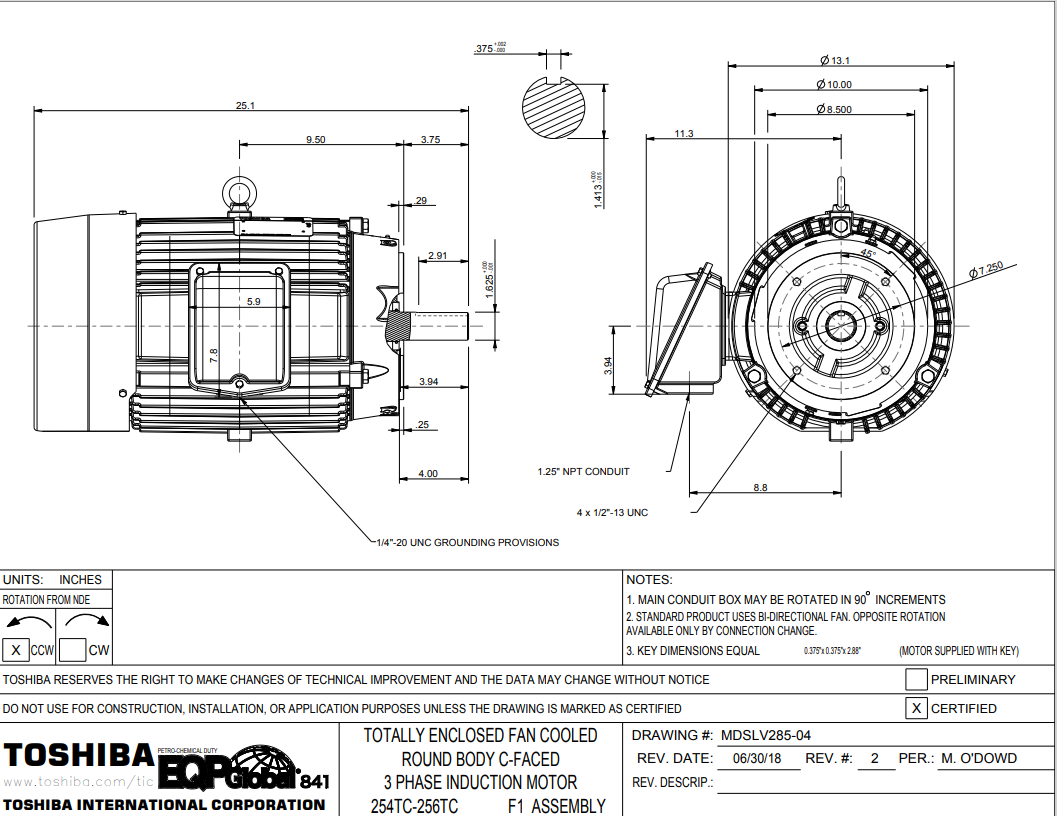 Toshiba Motor, EQP Global 841, 20HP, 3600RPM, 460V, TEFC, C-Face, Footless