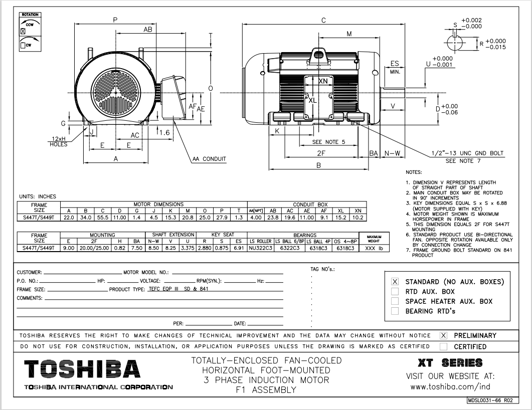 Toshiba Motor, EQP Global SD, 250HP, 186KW, 1800RPM,3PH, 60Hz, 460V, TEFC, S449T